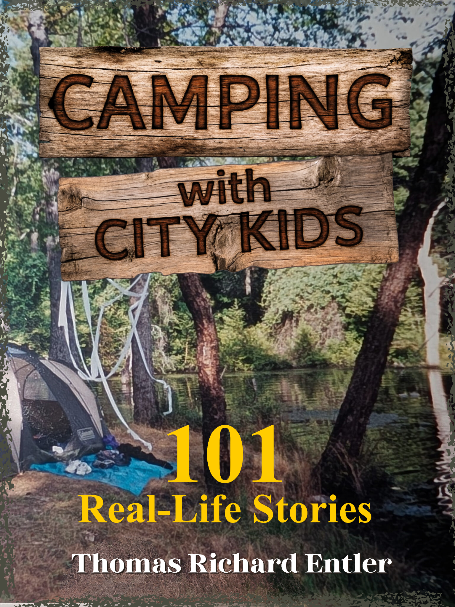 Camping with City Kids book cover, serene lake with the ground on fire next to a bench